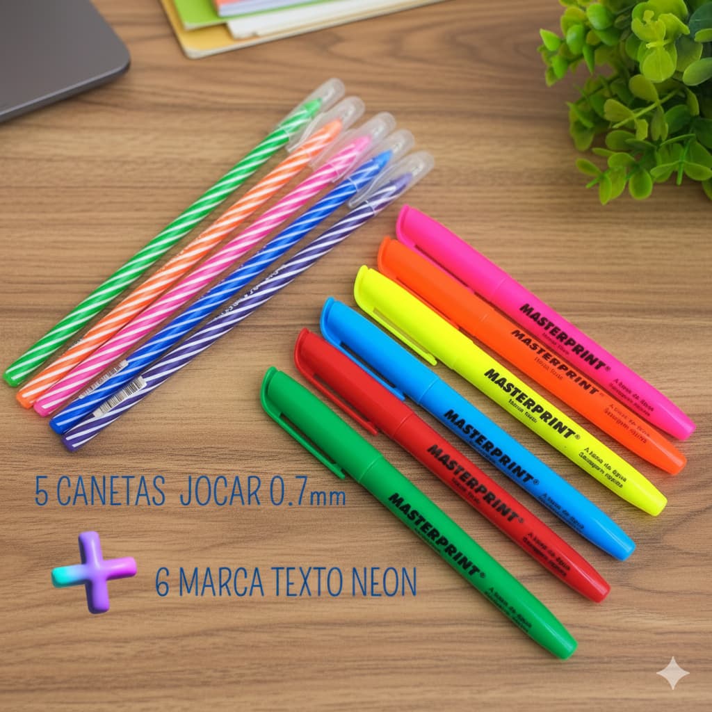 6 Marca Texto Neon Ponta Chanfrada + 5 Canetas Coloridas Esferograficas Jocar 0.7 Escolar Escritorio