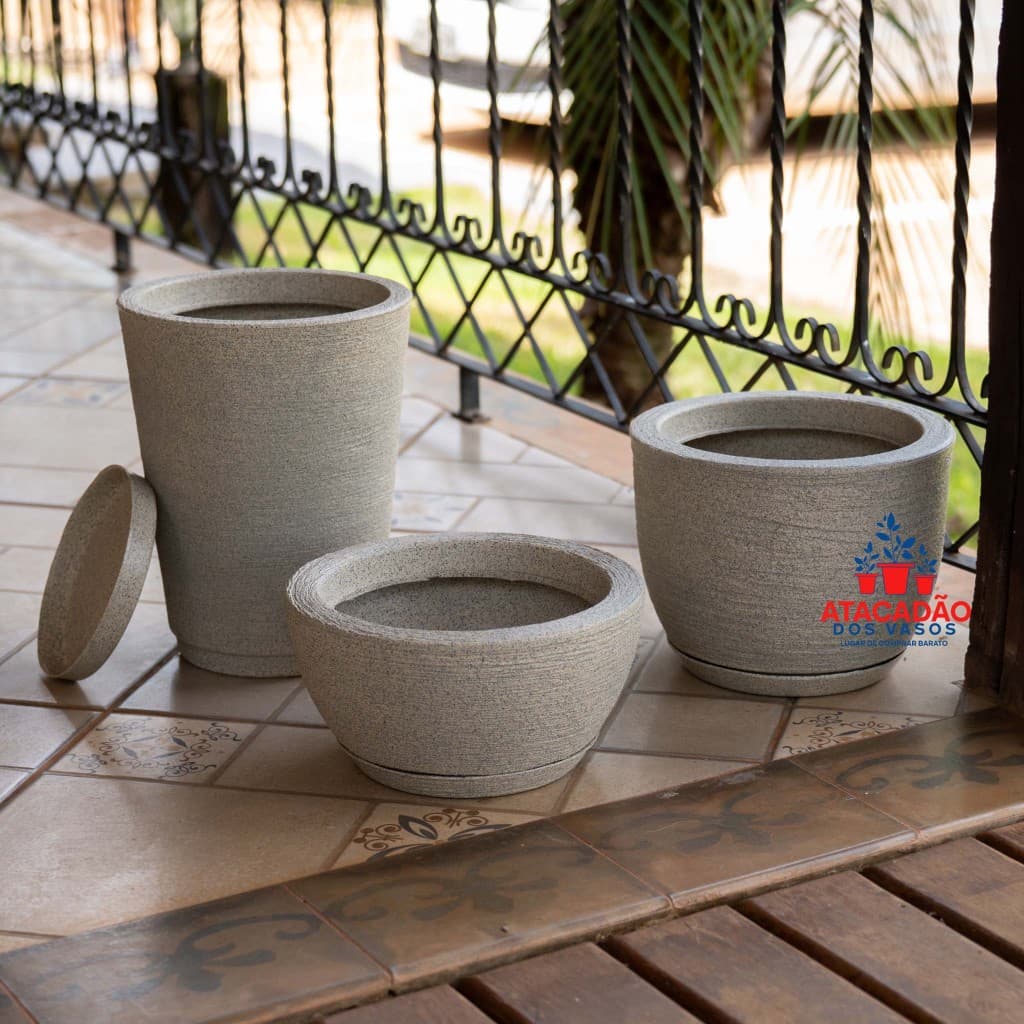 Kit com 3 Vasos Para Plantas Grafiato em Polietileno | Ideal para Sala, Varanda e Jardim