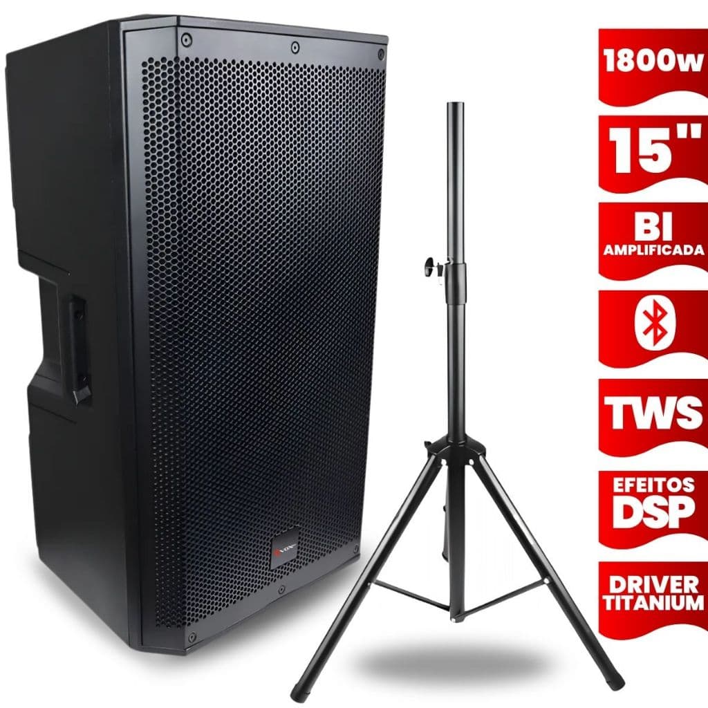 Caixa Som 1800w 15 Polegadas Bi Amplificada Ativa Driver Titanium Tws Dsp Acustica Profissional Bluetooth Usb + Pedestal