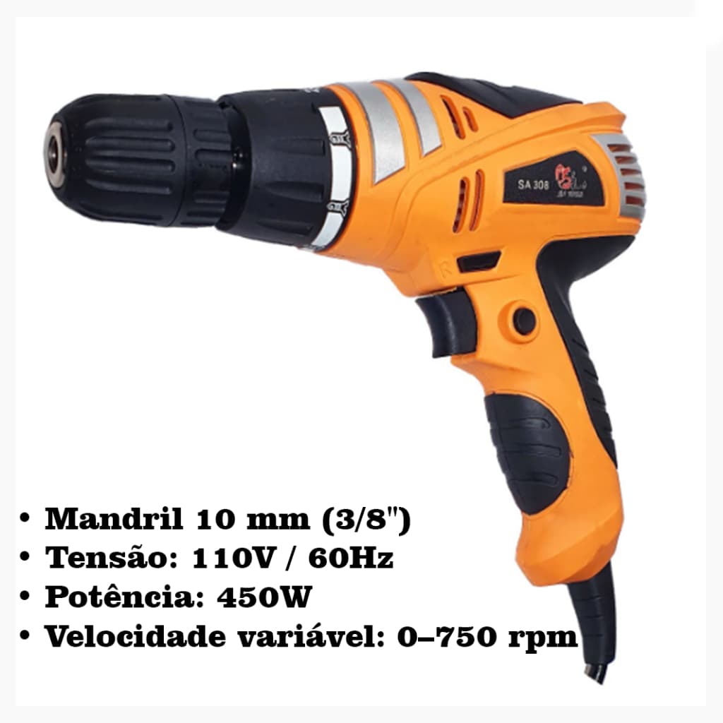 Furadeira e Parafusadeira Elétrica 450W 3/8 - Mandril 10 mm, 110V