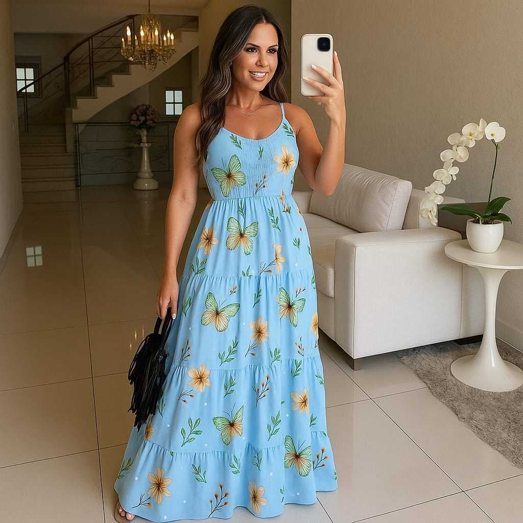 Vestido Longo Feminino Com Bojo Estampado Borboleta Com Elastex