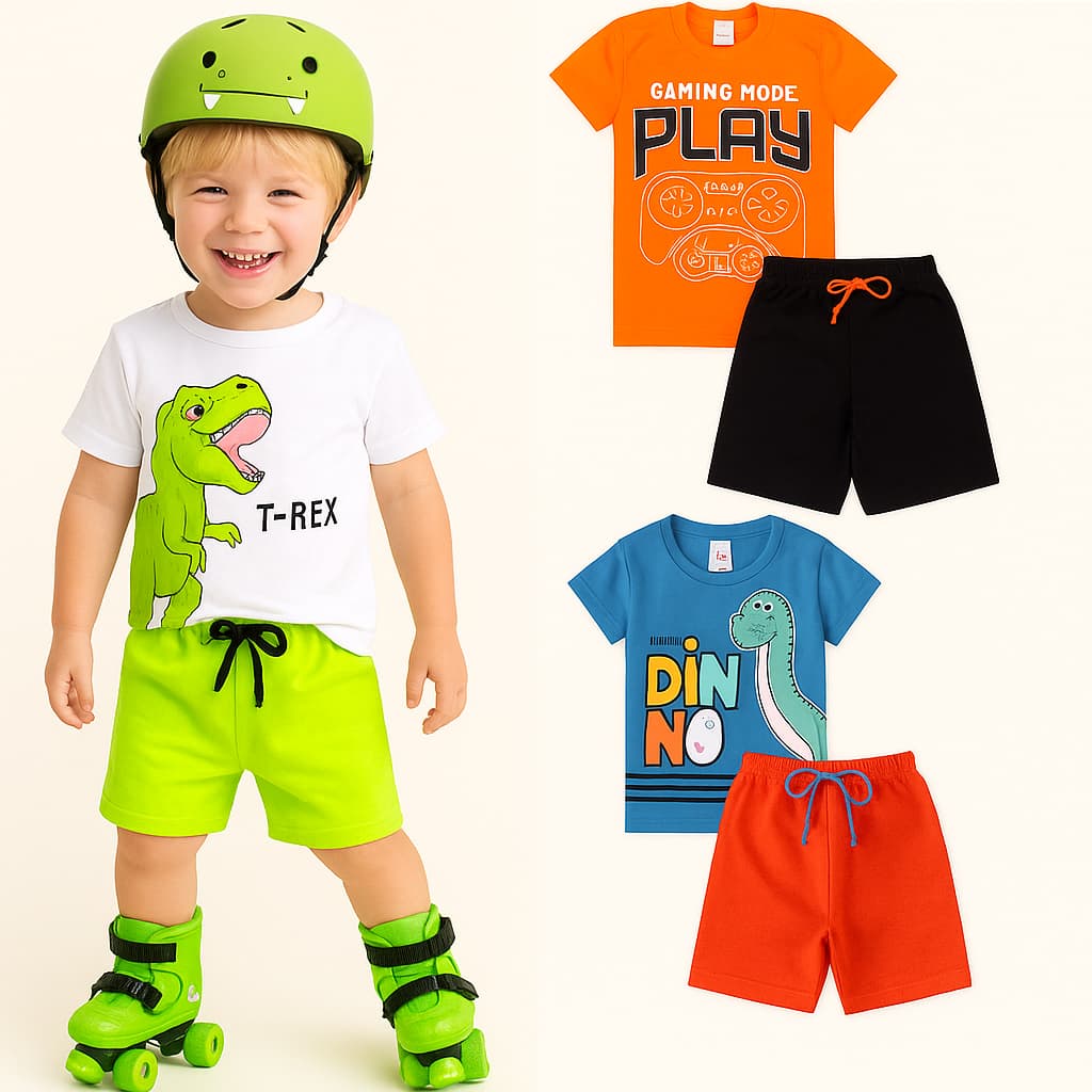Kit Sortidos 2 ou 6 Peças Roupa Infantil Masculino Verão Conjuntos Infantil Bebê Menino Verão Manga Curta e Bermuda