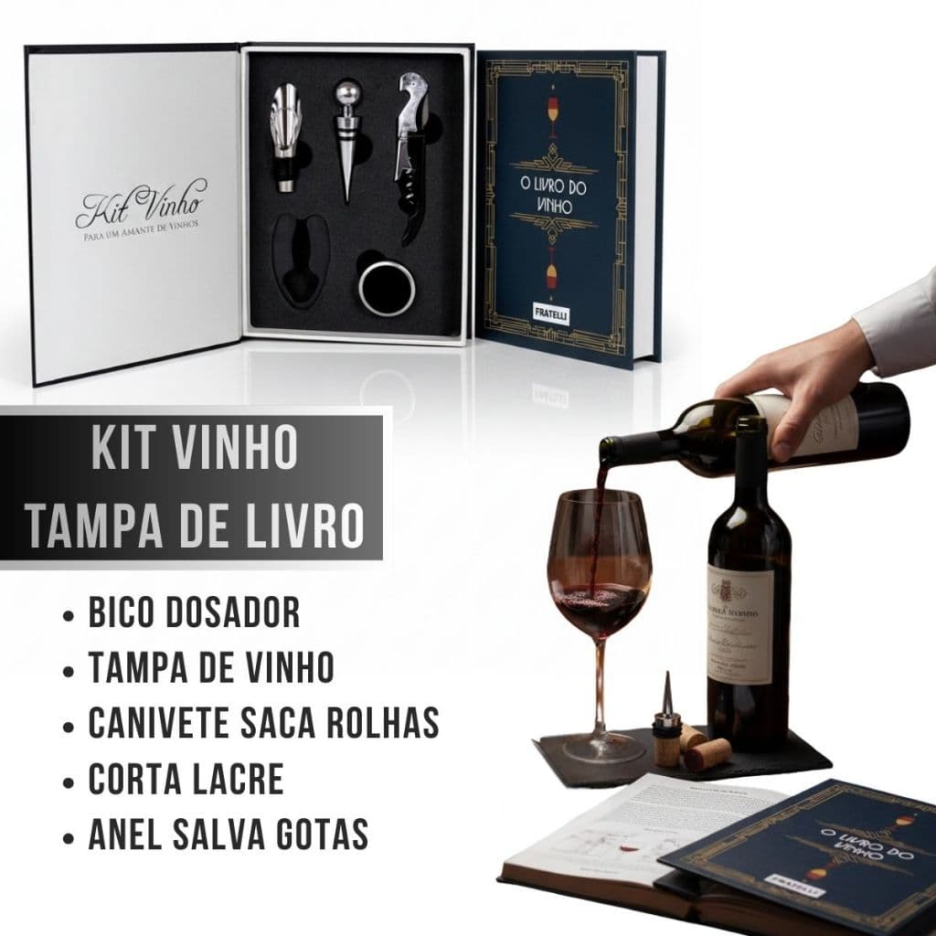 Kit Vinho de Luxo Abridor Dosador Saca Rolhas Tampa Livro 05 Peças Premium Promoção