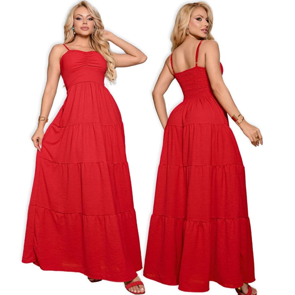 Vestido Longo Feminino com Lastex nas Costas e Alça Regulável Estilo Romântico Caimento Encantador