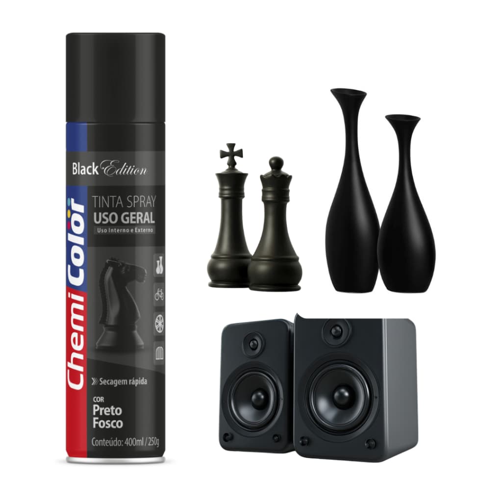 Tinta Spray Chemicolor Preto Fosco 400ml Uso Geral | Alta Cobertura e Secagem Rápida