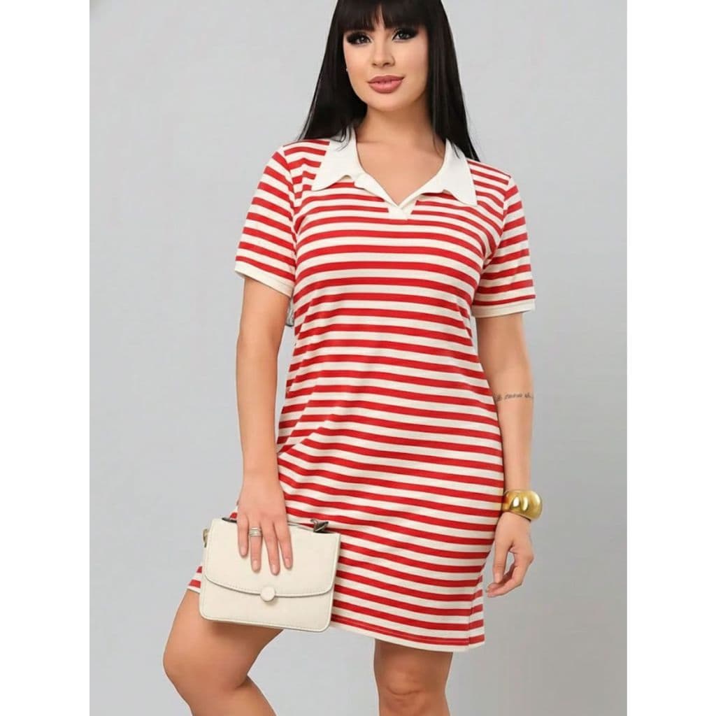 VESTIDO LISTRADO FEMININO CURTO GOLA POLO TUBINHO CASUAL DE VERAO