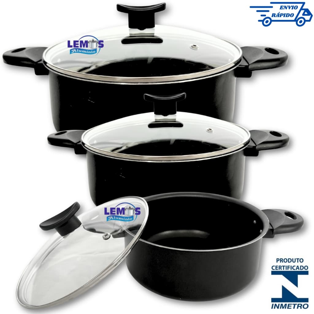 Kit 3 Peças Panelas Caçarolas 20 22 24 cm Antiaderente 5 Camadas de Teflon Preto com Tampa de Vidro
