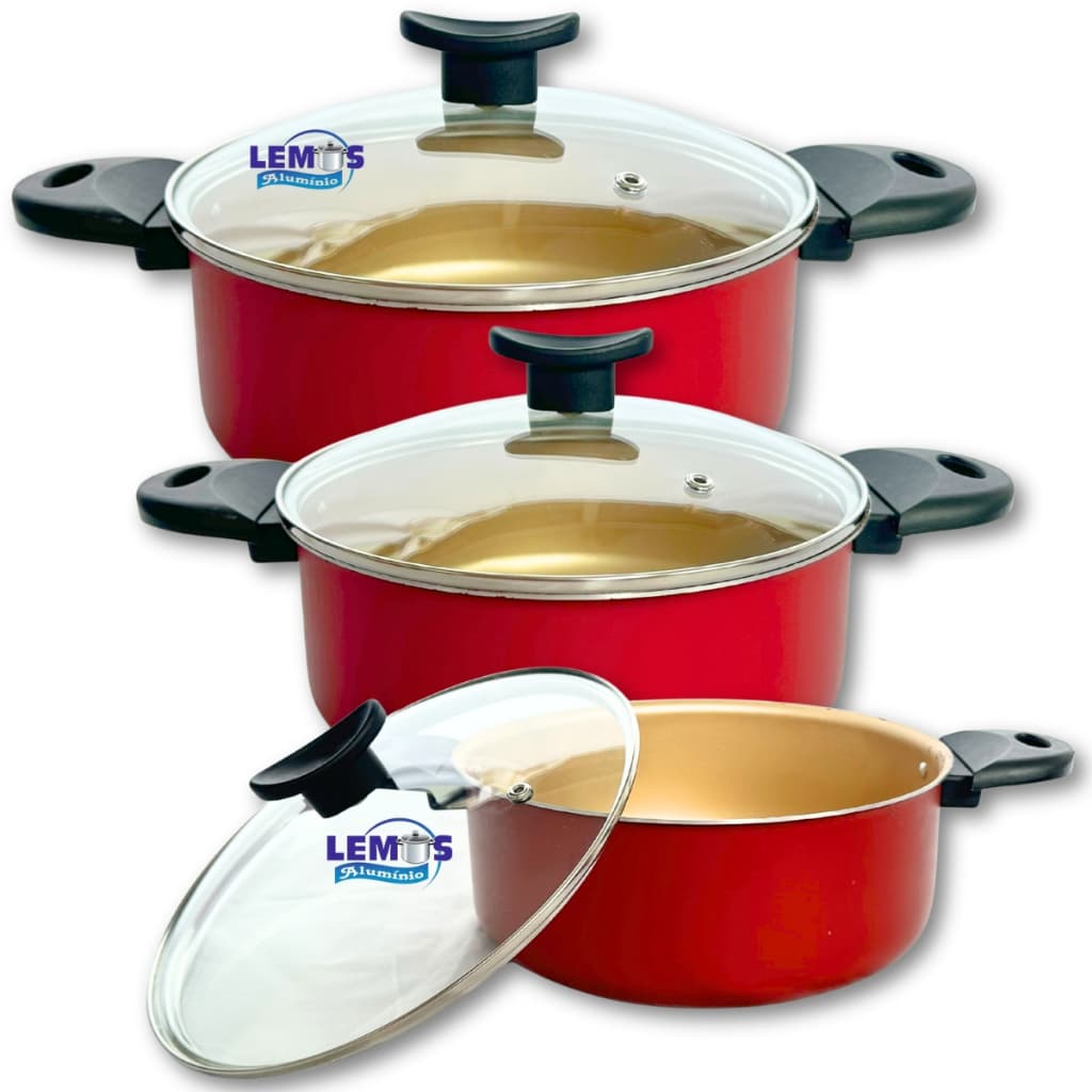 Jogo 3 Peças Panelas Caçarolas Antiaderente 20 22 24 cm 5 Camadas de Teflon com Tampa de Vidro