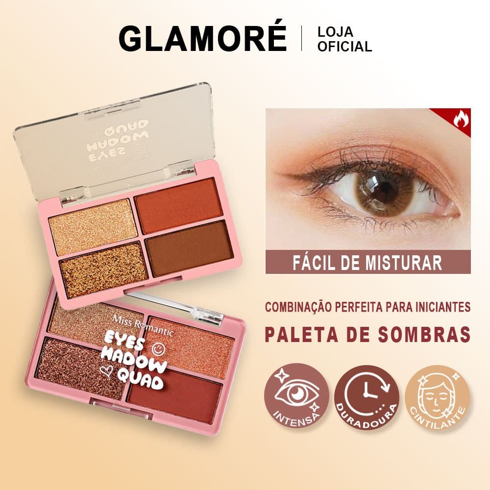 Paleta de Sombras Miss Romantic – 4 Cores – Alta Pigmentação – Glitter + Matte