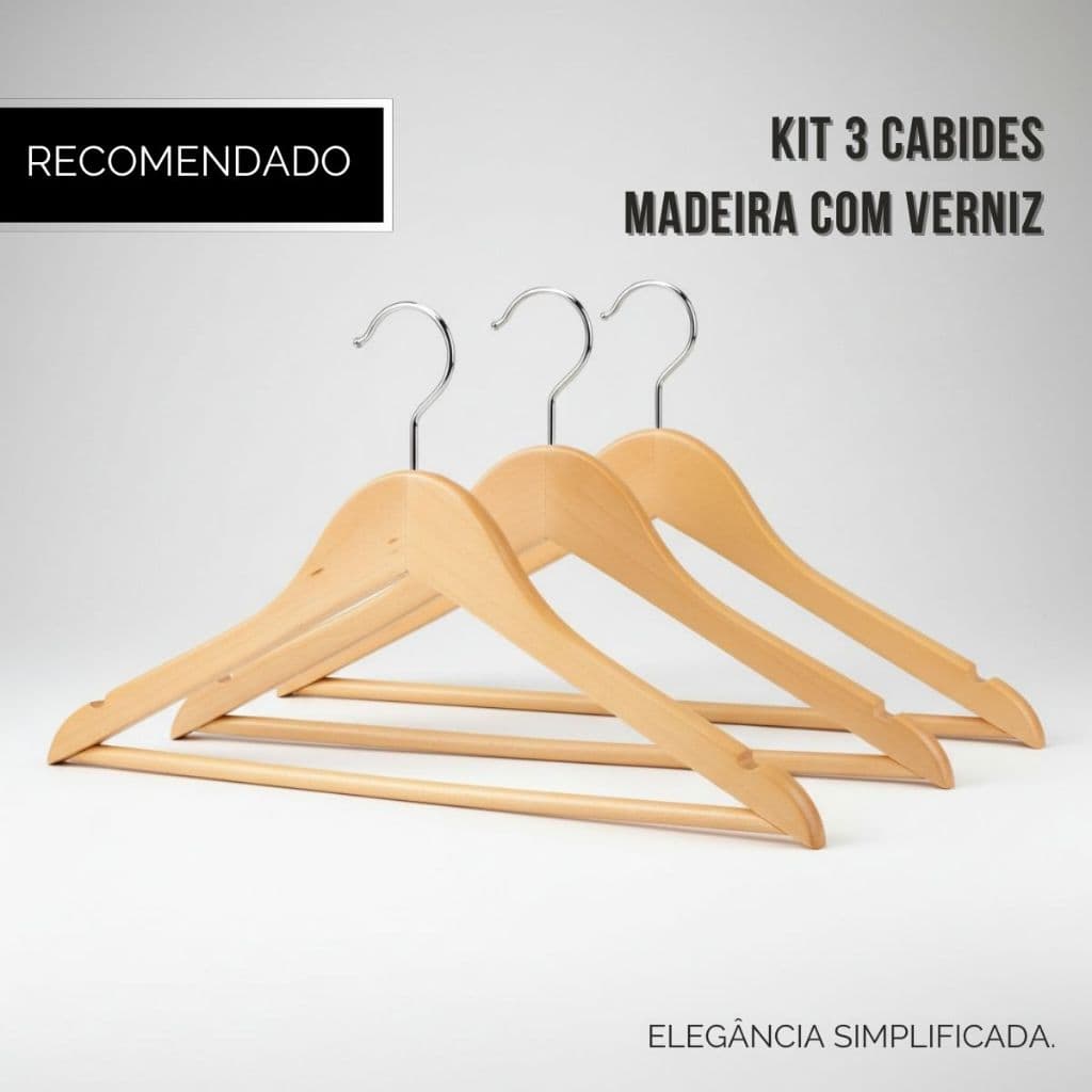 Kit 3 Unidades Cabides Madeira Resistente Acabamento Verniz Para Roupa Organizador Closet