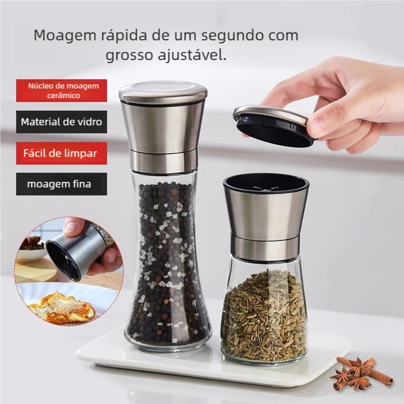 Moedor De Tempero com Regulador Sal Pimenta Porta Condimentos Especiarias De Vidro Premium
