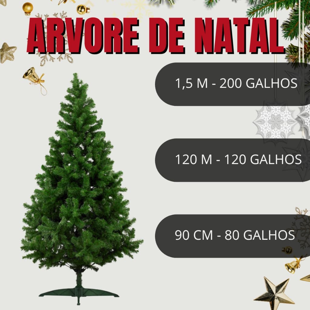 Árvore De Natal Pinheiro Canadense Base de Ferro 1,50m 1,20m 90cm com Hastes Flexíveis Decoração Natal