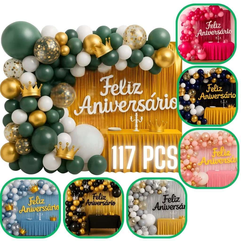 Kit 117 Peças Balão Feliz Aniversário – Cortinas, Toalha e Bexigas para Decoração de Festa