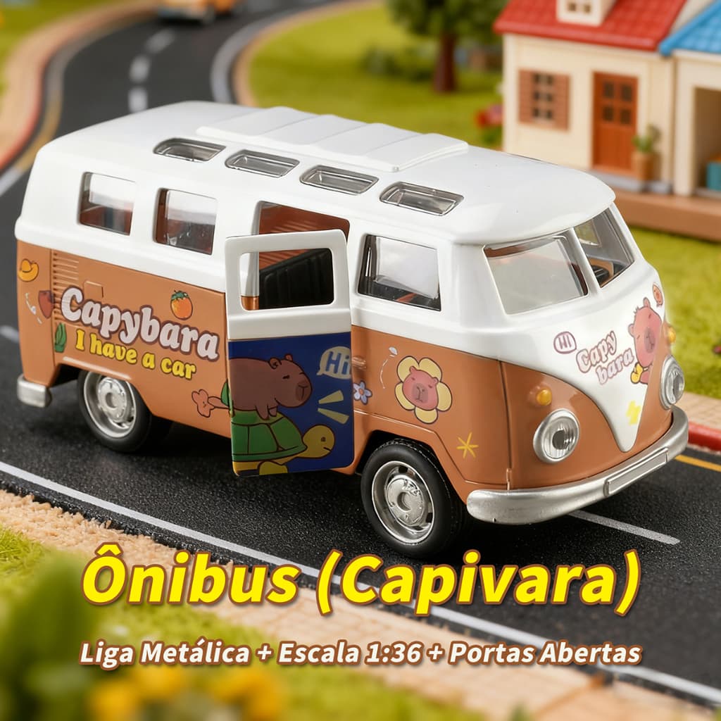 Ônibus (Capivara): Liga Metálica + Escala 1:36 + Portas Abertas – Diversão Móvel Super Fofa!