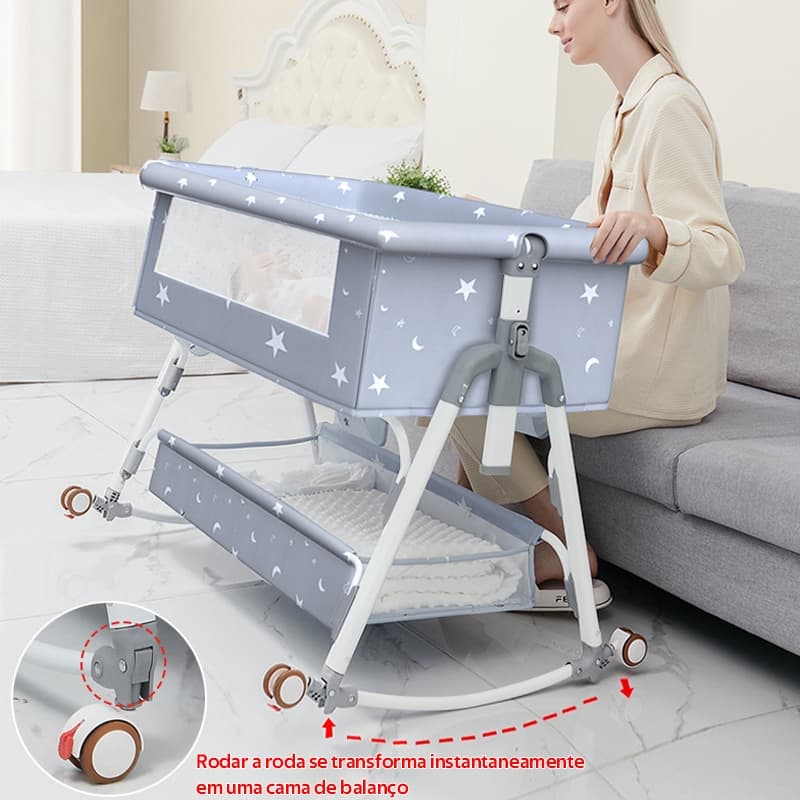 Berço Portátil com Rodízios e Carrinho - Estilo Estrelas, Altura Ajustável 73-82cm para Bebê P18