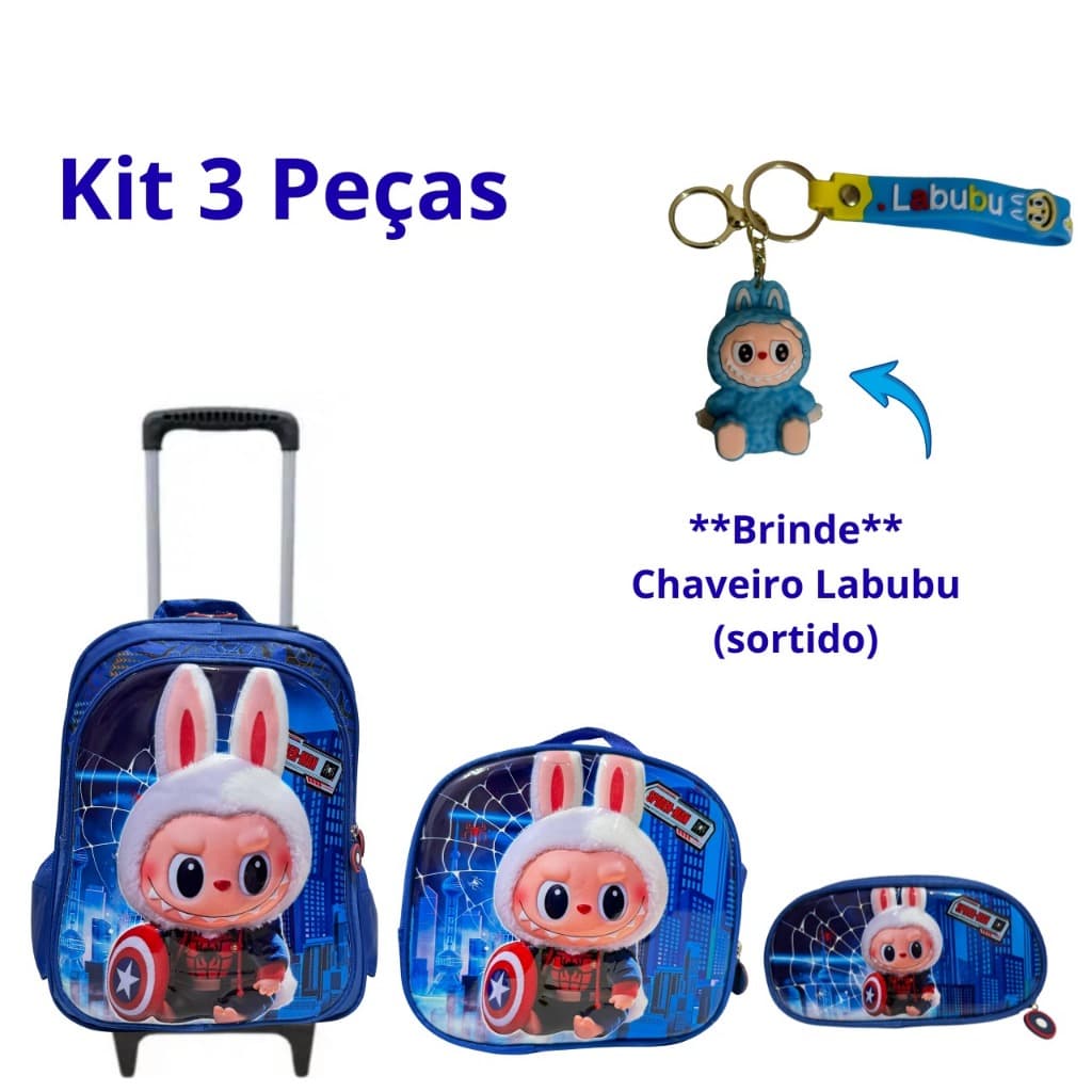 Kit Mochila Rodinha Labubu Menino Bolsa Grande Lancheira Térmica Reforçada
