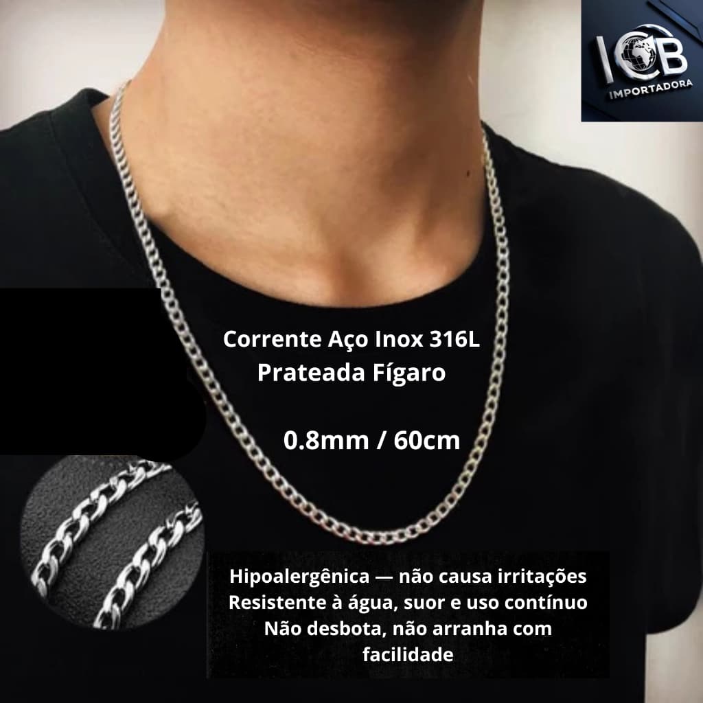 Corrente Aço Inox 316L Prateada Fígaro 0.8mm / 60cm – Alta Durabilidade original