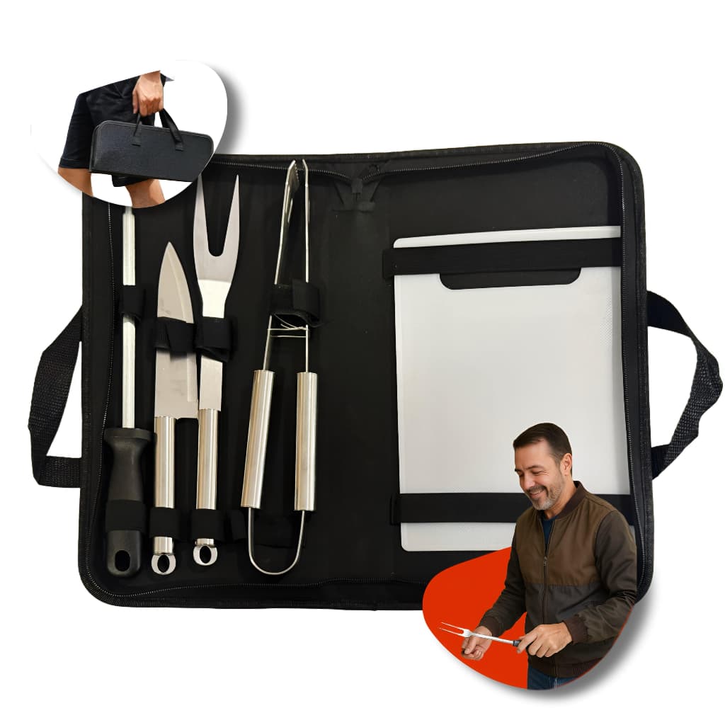 Kit Churrasco Completo 6 Peças Faca Utensílios Cozinha Churrasqueiro + Taboa Ideal Para Churrasqueira  Camping