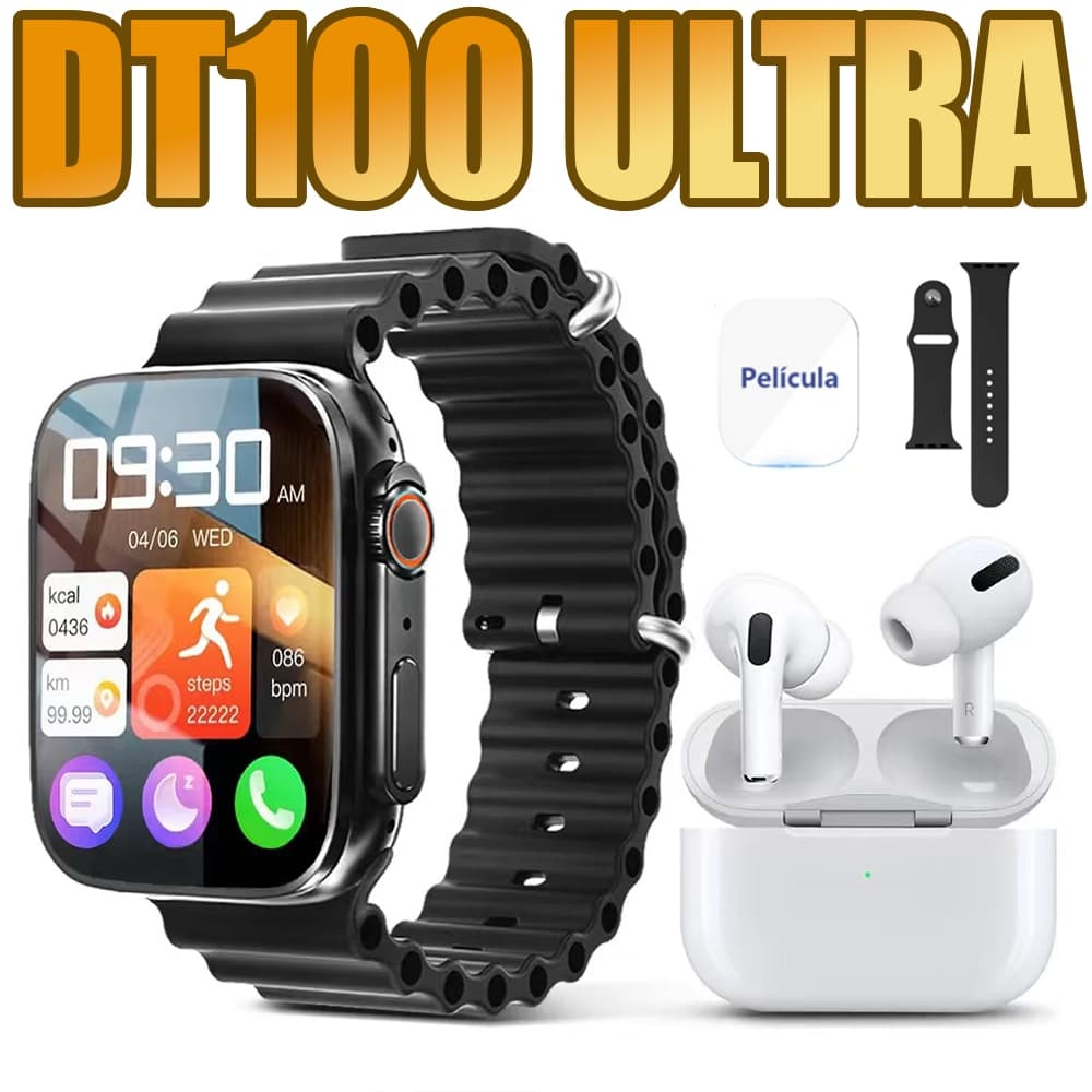 2026 Smartwatch DT100 Ultra 2em1 Fone Bluetooth Relógio Inteligente IWO16 alças duplas Series 10