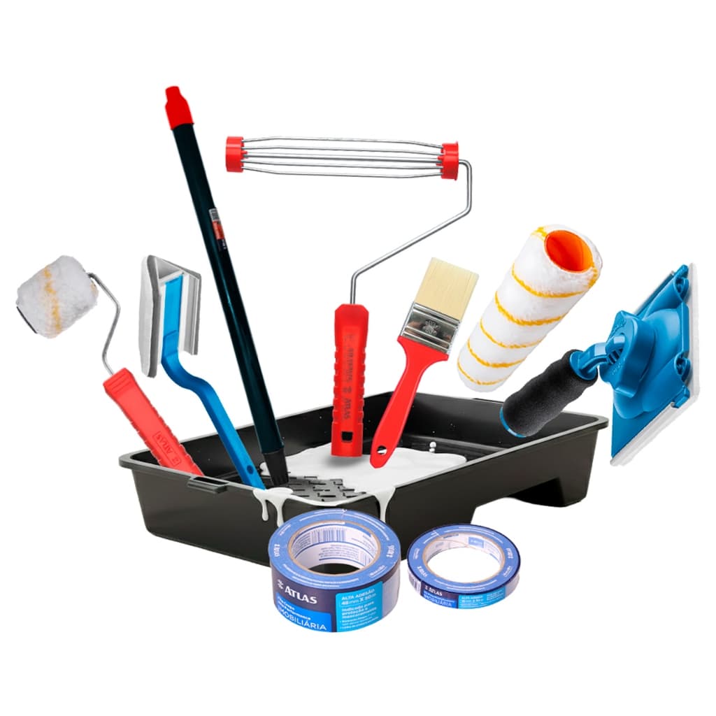 Kit Pintura Completo Atlas 10pcs C/ 2 Rolos Pincel Pads Fitas Bandeja Garfo Extensor Anti Respingo
