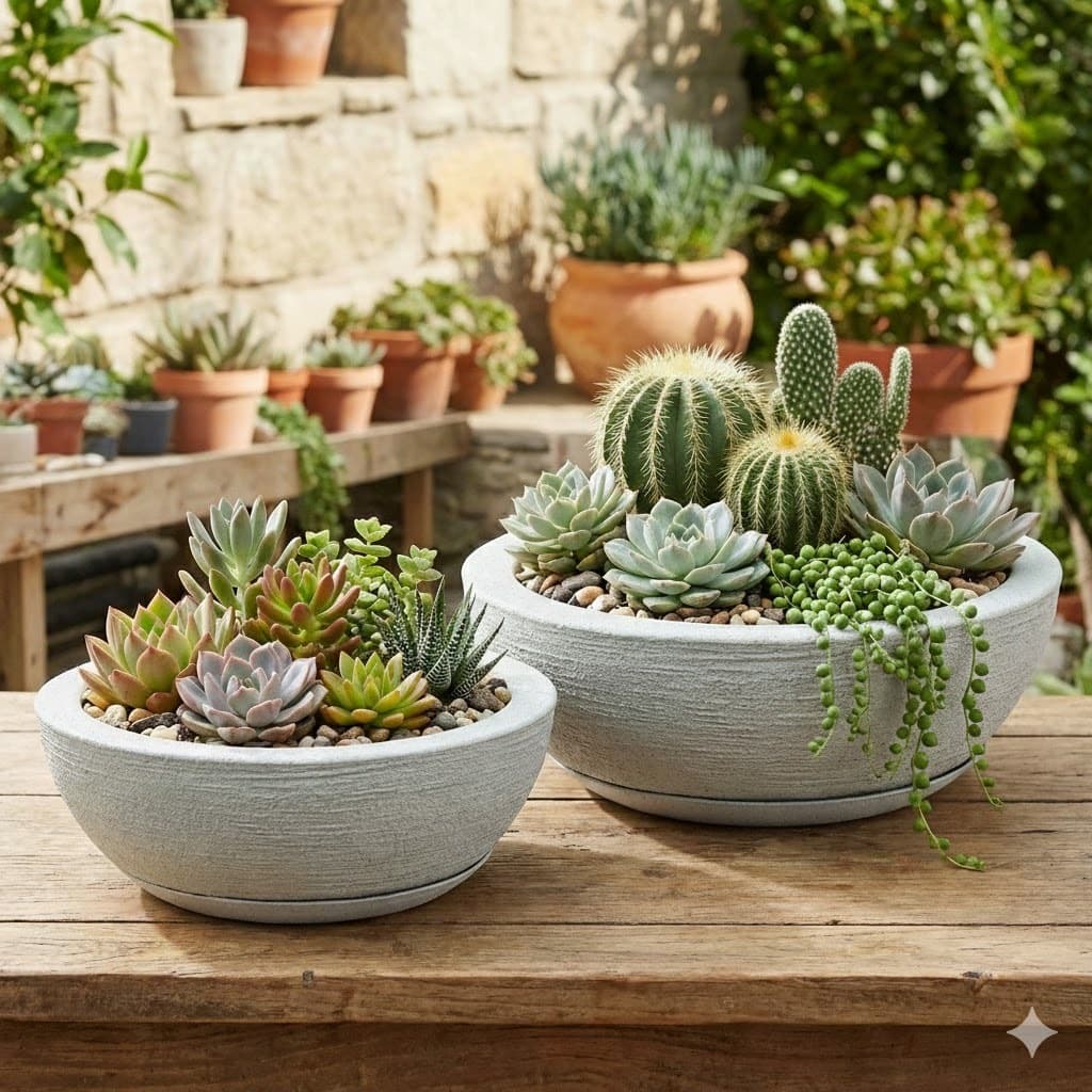 Kit 2 Vasos de Planta Bacia Escovada com Prato Coletor em Polietileno para Jardim e Casa