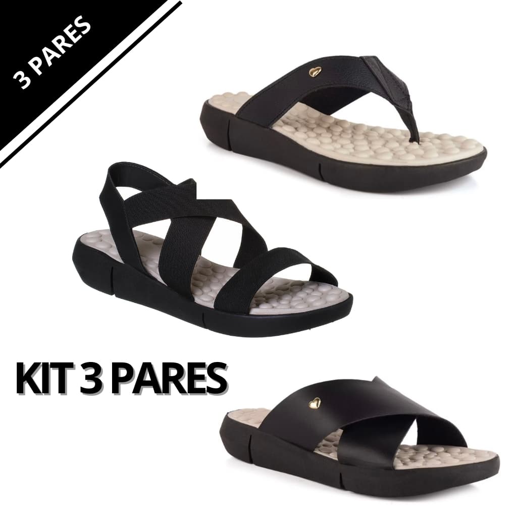 Kit 3 Pares Feminino Ortopédico Sandália + Chinelo + Tamanco Conforto e Bem-Estar