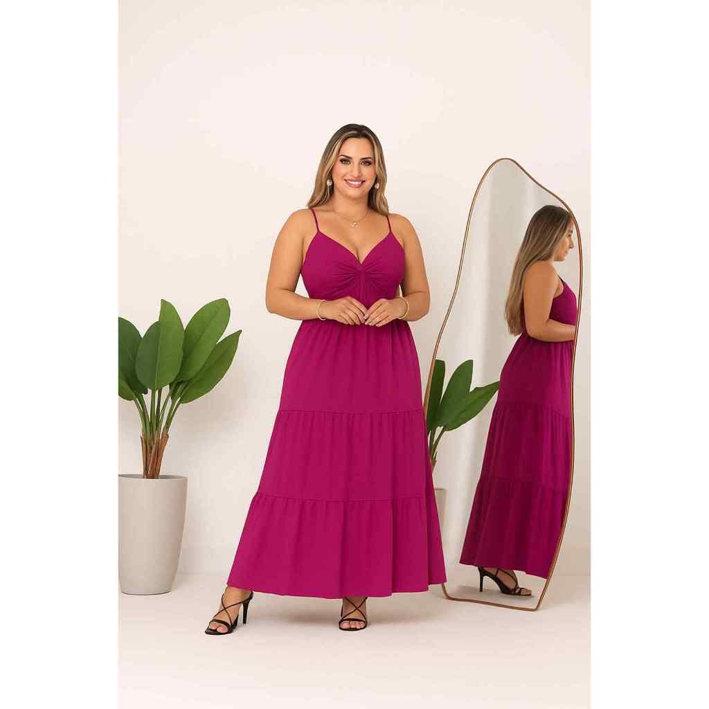 vestido de NÓ longo babado tres marias alcinha bojo gola v moda blogueira
