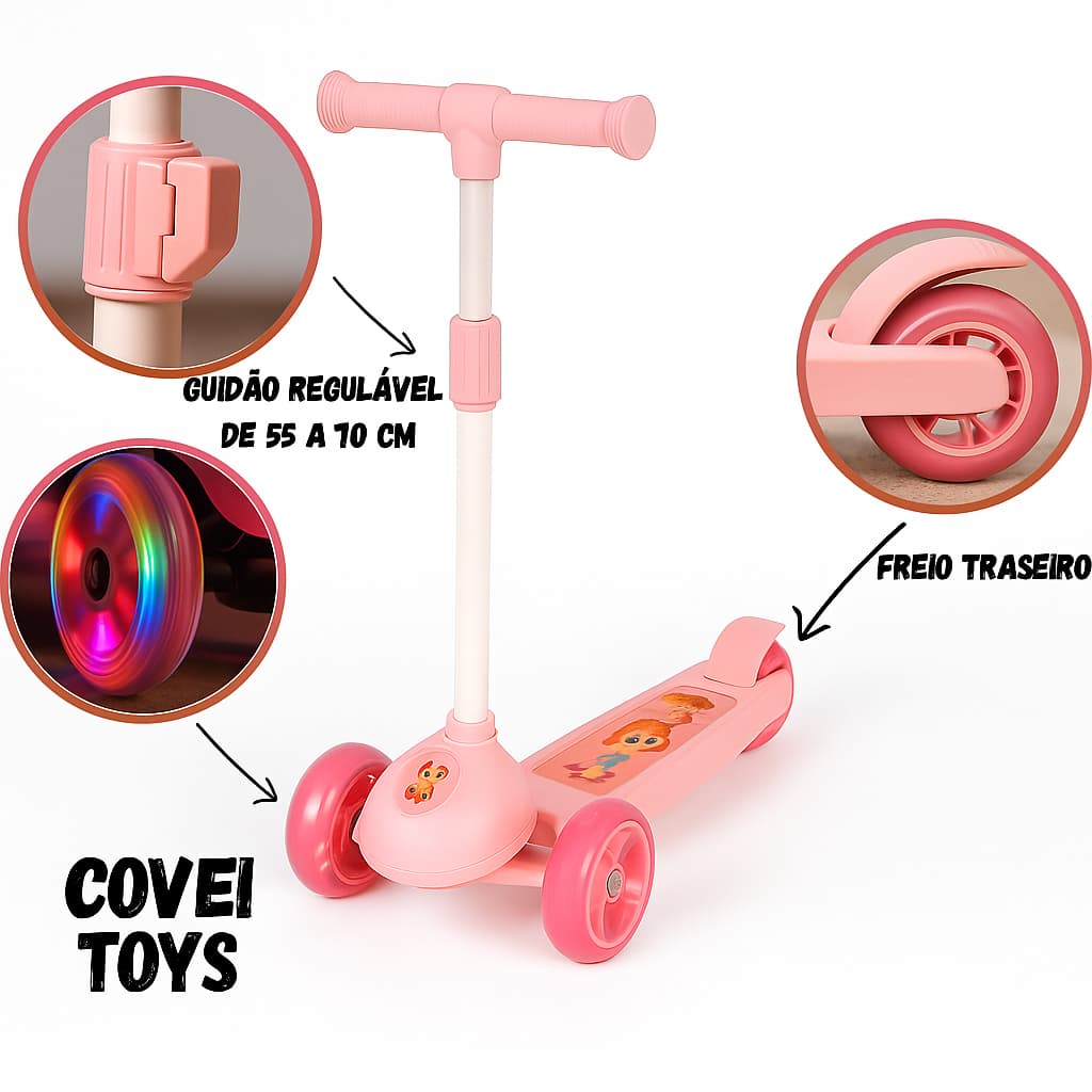 Patinete Rosa 3 Rodas Com Luzes De Led Estável e com Base Curvada Antiderrapante Rosa Infantil