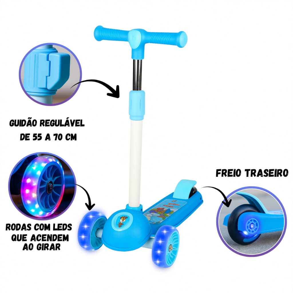 Patinete Rosa 3 Rodas Com Luzes De Led Estável e com Base Curvada Antiderrapante Azul Infantil Covei Toys