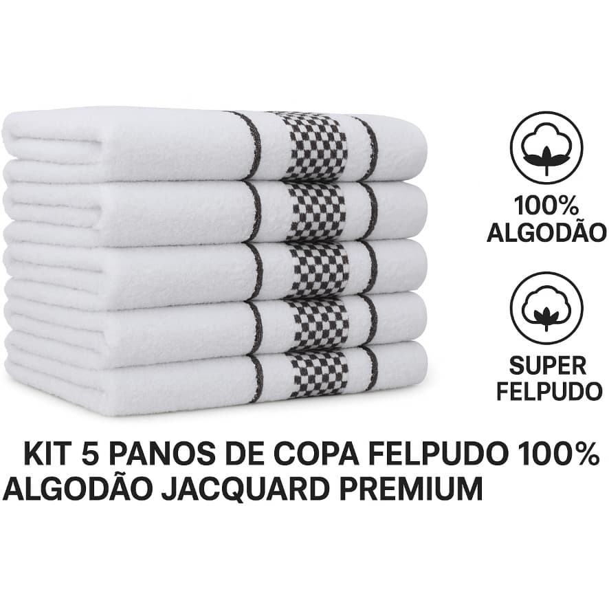 Kit 5 Panos de Copa Felpudo 100% Algodão Jacquard Premium Alta Absorção Toalha de Prato