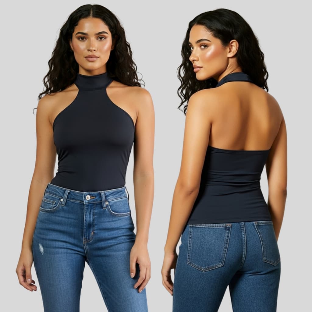 Blusa Feminina Casual Gola Alta Frente Única Costas Nuas Conforto e Estilo