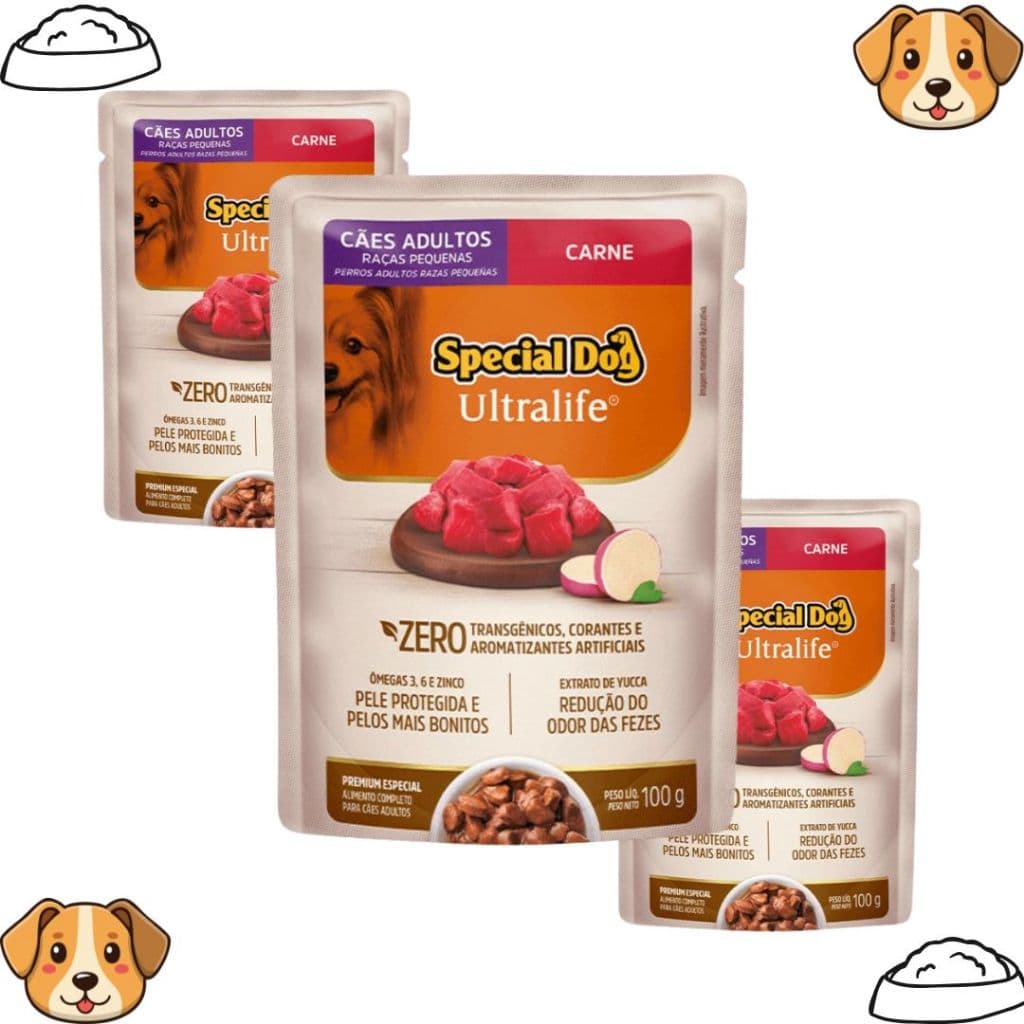 Kit 3 Un Sachê Cachorros Adultos Raças Pequenas Carne Ultralife 100g Cada - Special Dog