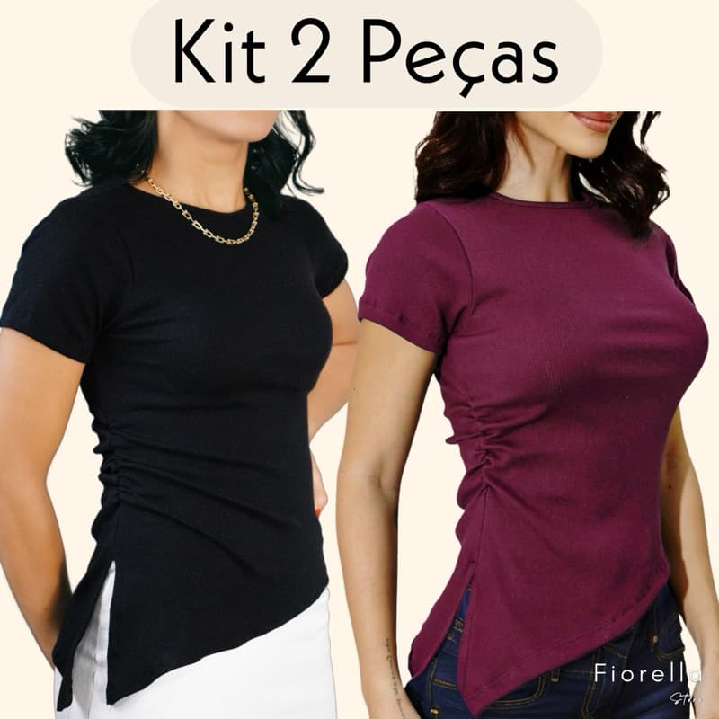 kit 2 Peças Blusa Feminina Assimétrica Ribana Canelada Drapeada Tendência Casual Trabalho