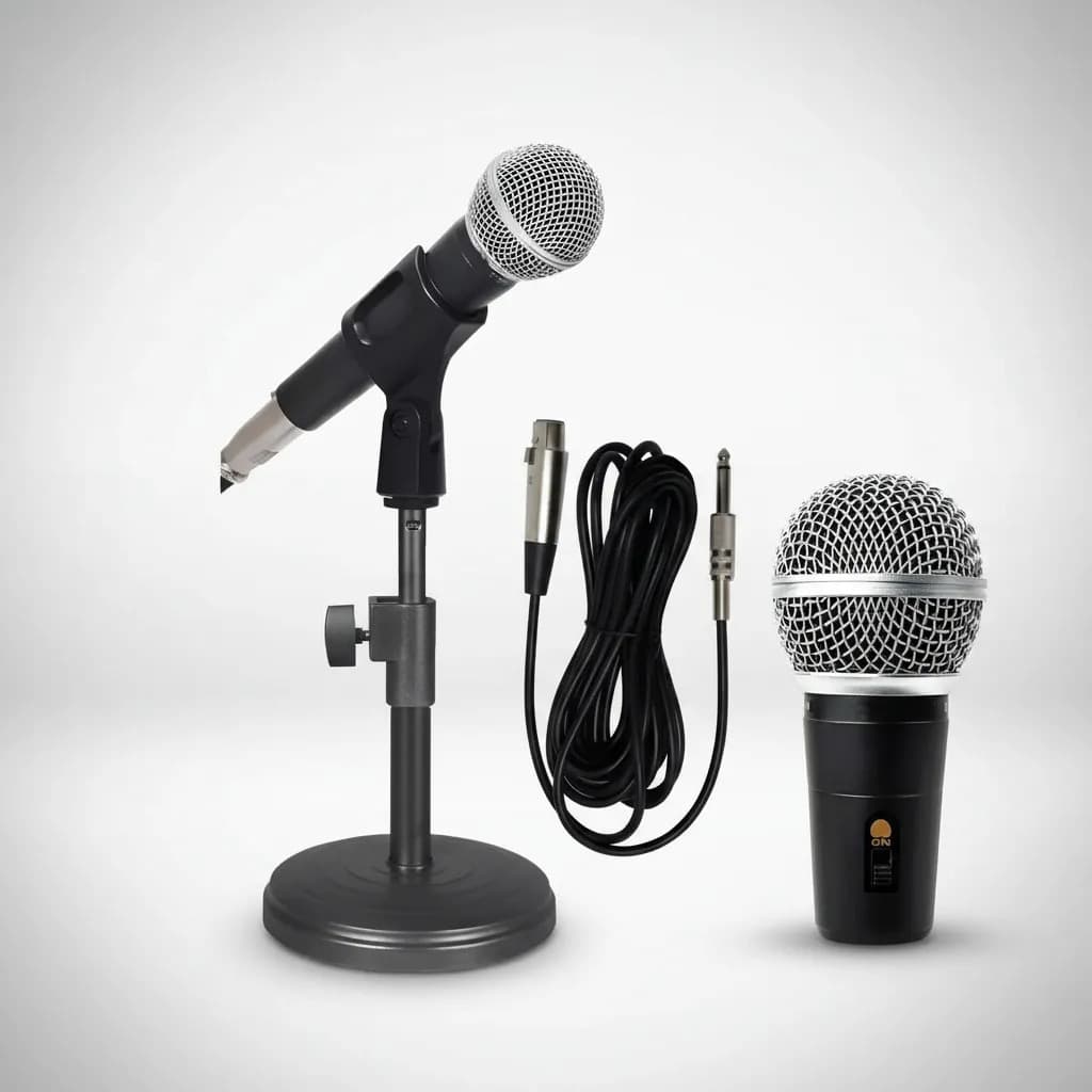 Kit Microfone Profissional Com Fio + Suporte Tripé Pedestal Preto