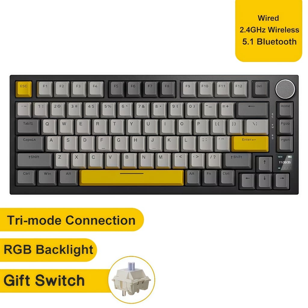 Teclado Mecânico AJAZZ AK820 PRO 75% Bluetooth 5.1/2.4G Sem Fio, 81 Teclas + Layout RGB, Tela TFT