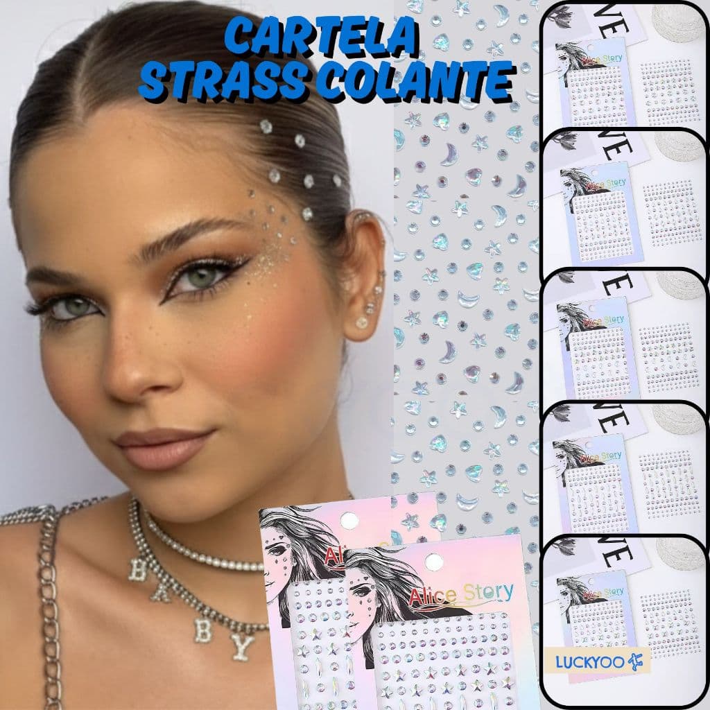 Adesivo de Strass para Maquiagem Rosto e Cabelo Cartela Diamante de Lágrimas Balada Carnaval Festa Fantasia Cosplay