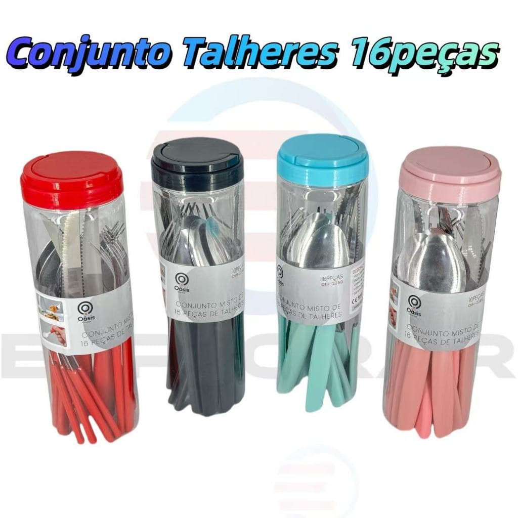 Conjunto KIT Talheres Colher Faca Garfo Colorido Mixto 16 Peças Inox Com Plástico