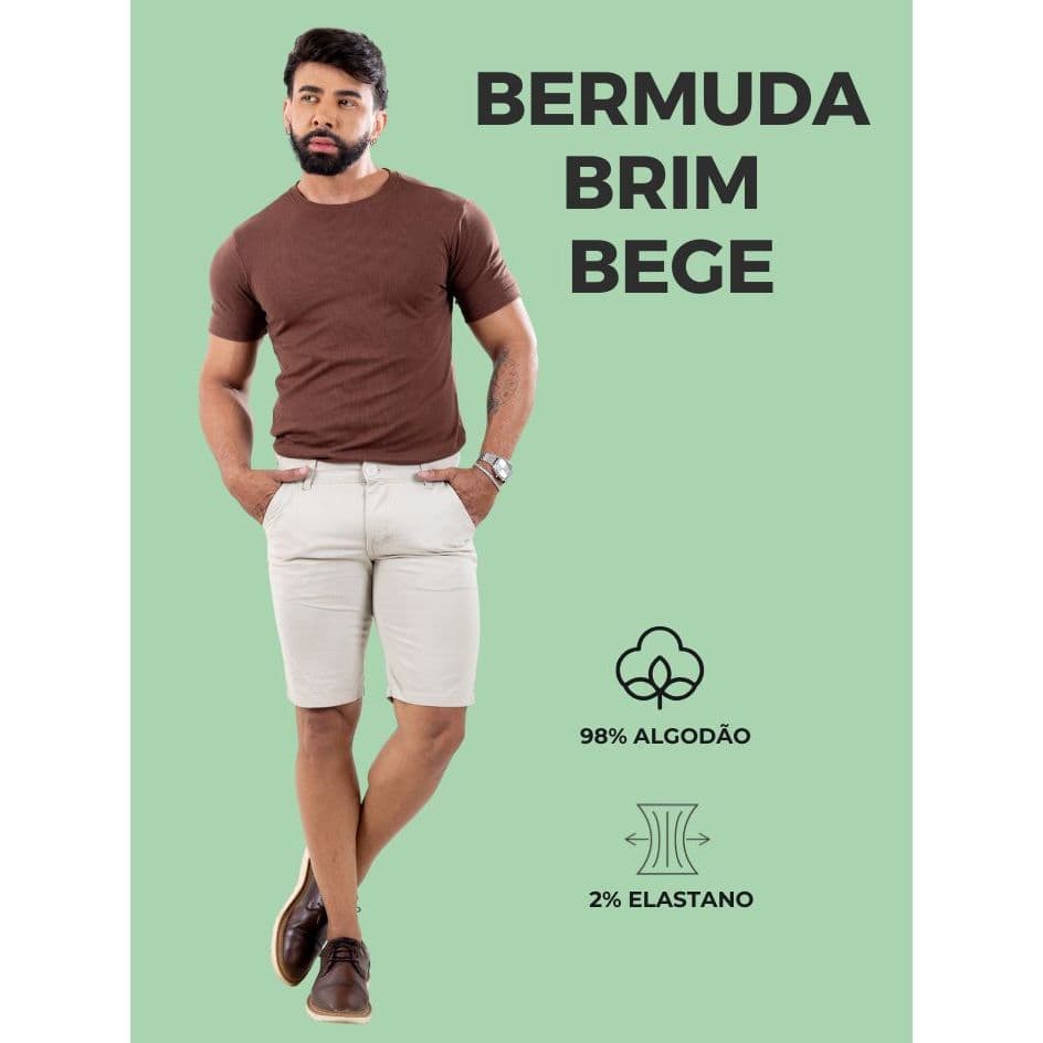 Bermuda Masculina Brim Bege Com Bolsos Funcionais Confortável Estilosa Tecido Resistente E Modelagem Moderna
