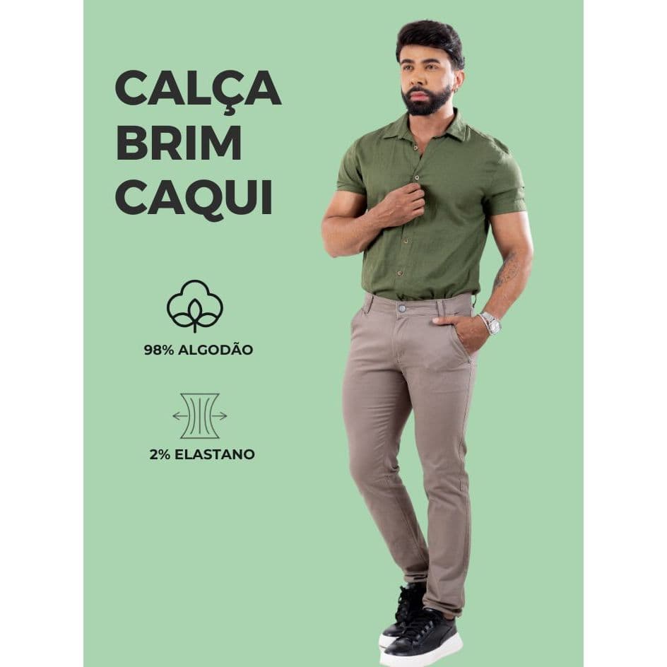 Calça Masculina Caqui Slim Com Elastano Confortável Bolsos Funcionais Costura Reforçada E Casual