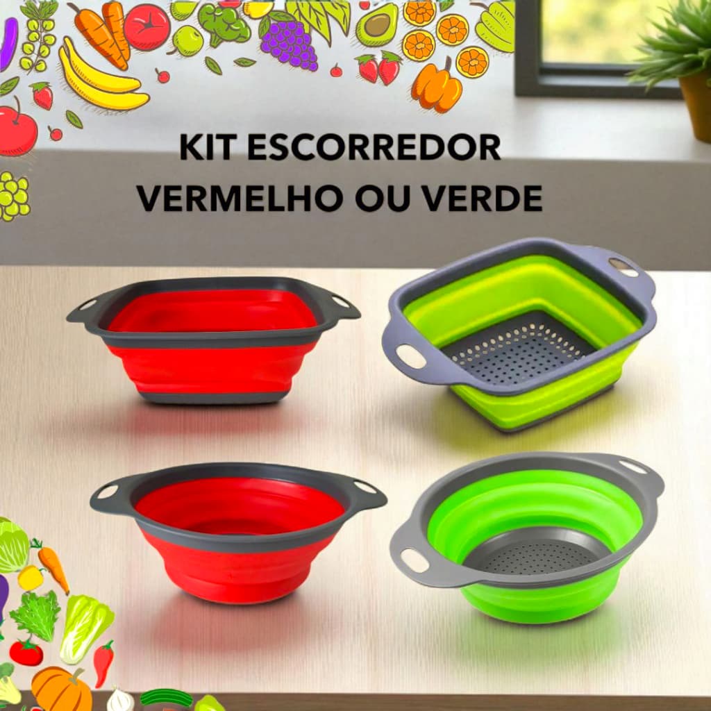Kit 2 Escorredor Retrátil Dobrável Silicone Multiuso Mares Verde