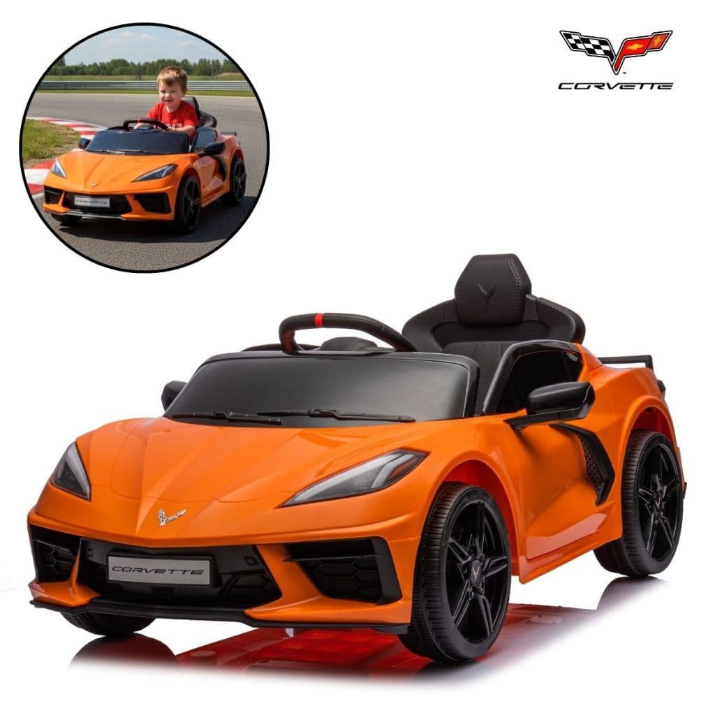 Carro Infantil 12V Corvette C8 Laranja – Elétrico com Luz, Seguro e Ideal para Brincadeiras em Casa ou Quintal