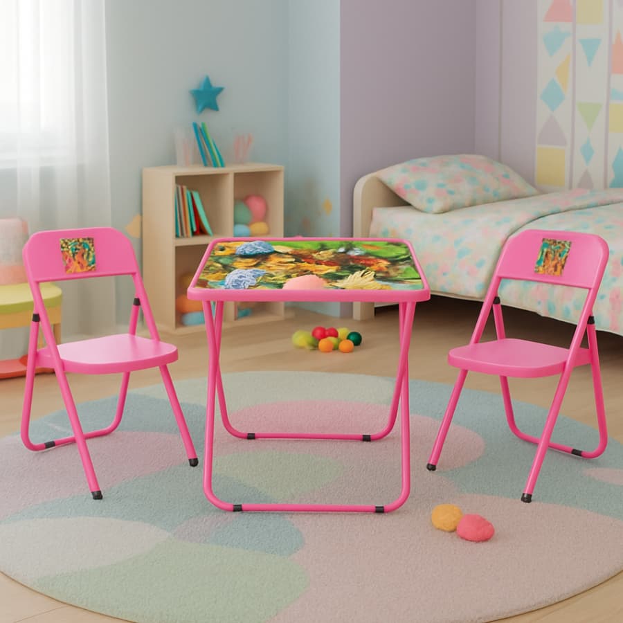 MESINHA INFANTIL CRIANÇA CONJUNTO DUAS CADEIRAS DOBRAVEL AÇO DESENHO DIDÁTICA