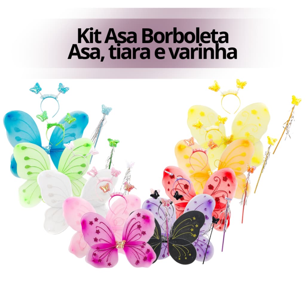Kit Fantasia Borboleta Asa Tiara Antenas Varinha Várias Cores Dia Das Crianças