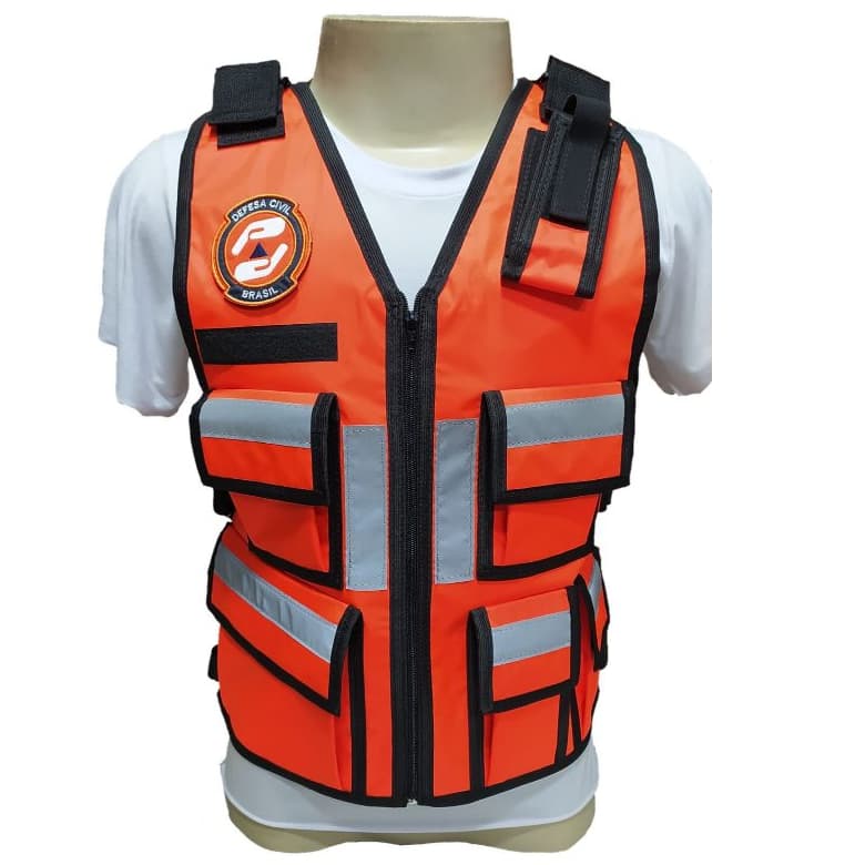 Colete Funcional Defesa Civil Laranja Neon — 8 Bolsos, Porta-Rádio, Refletivos e Patch Bordado