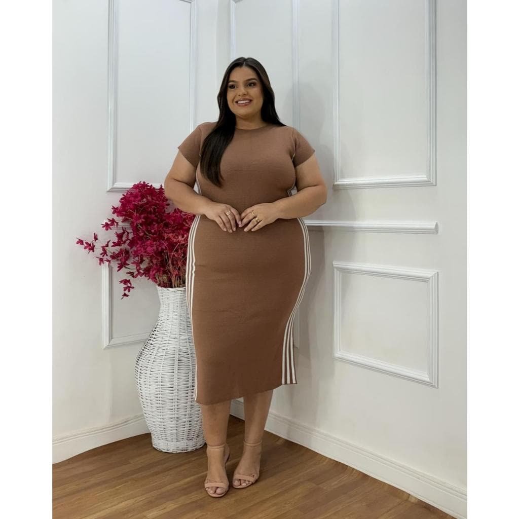 Vestido Feminino Midi com Listras e Fenda de Trico Festas Final de Ano Esportivo  Plus Size