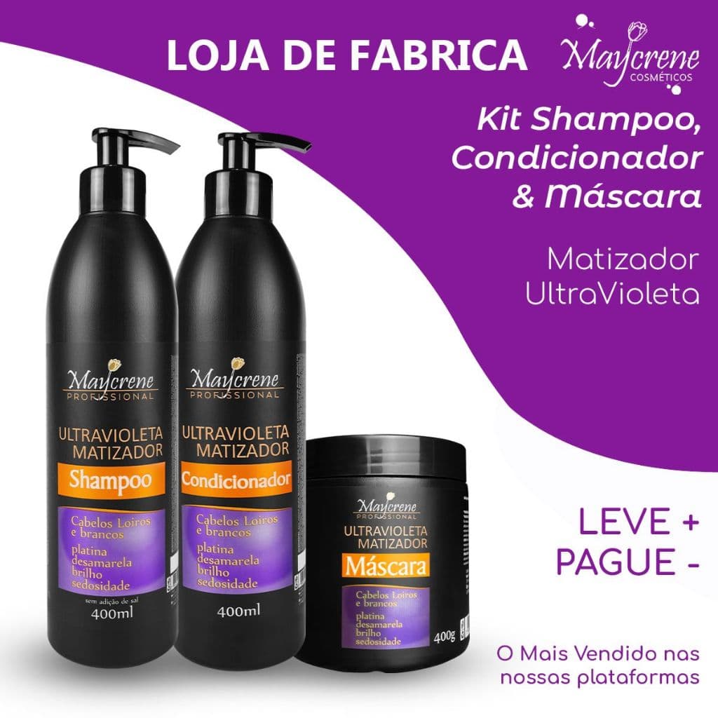 Kit Matizador Ultra Violeta Maycrene (Com válvula) - Shampoo400ML +Condicionador400ML + Máscara500G
