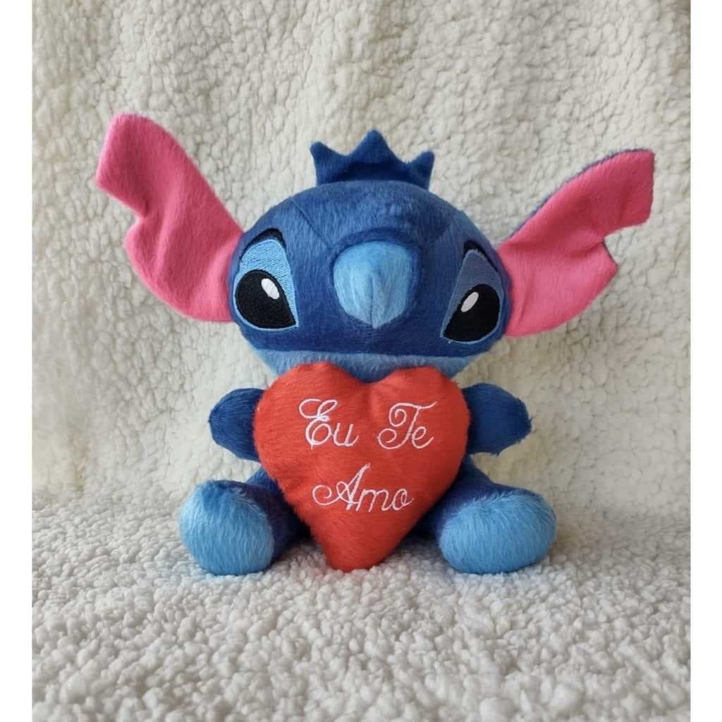 Pelúcia Stitch 22 cm com coração Eu te amo 10 cm AZUL COM ORELHA PINK