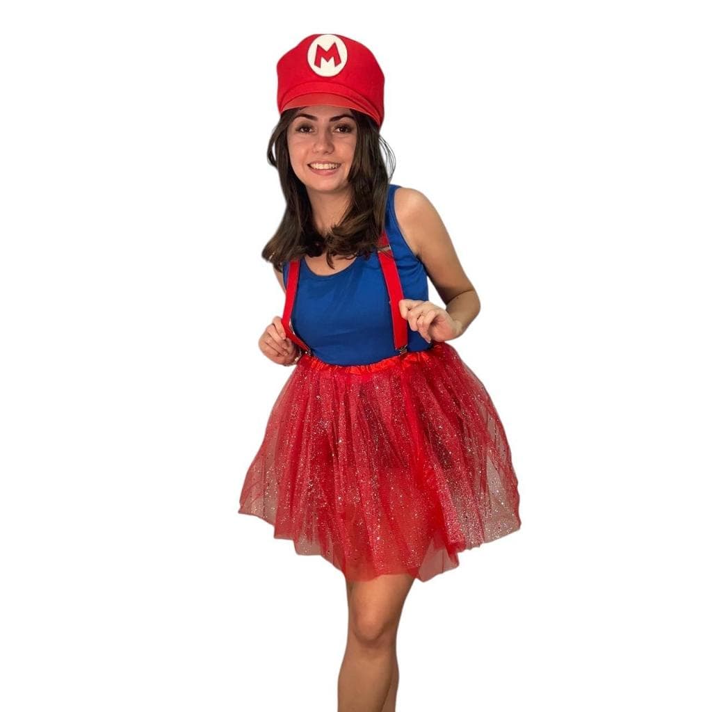 Kit Super Bros M e Luigi ,Boina C/ Bigode  Suspensório/ Saia de tule  Fantasia OXFORD - ADULTO