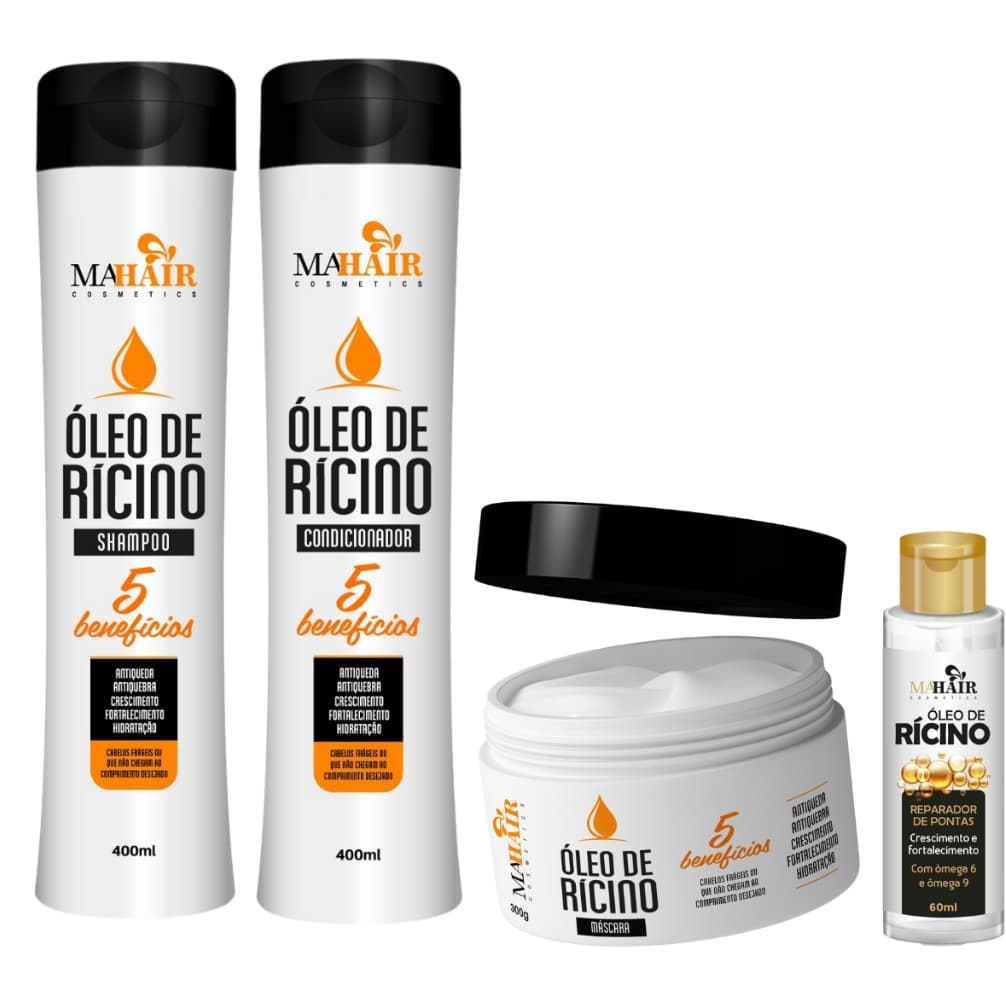 Kit Capilar Shampoo Condicionar Máscara Capilar e Reparador de Ponta Óleo de Rícino Mahair Promoção!