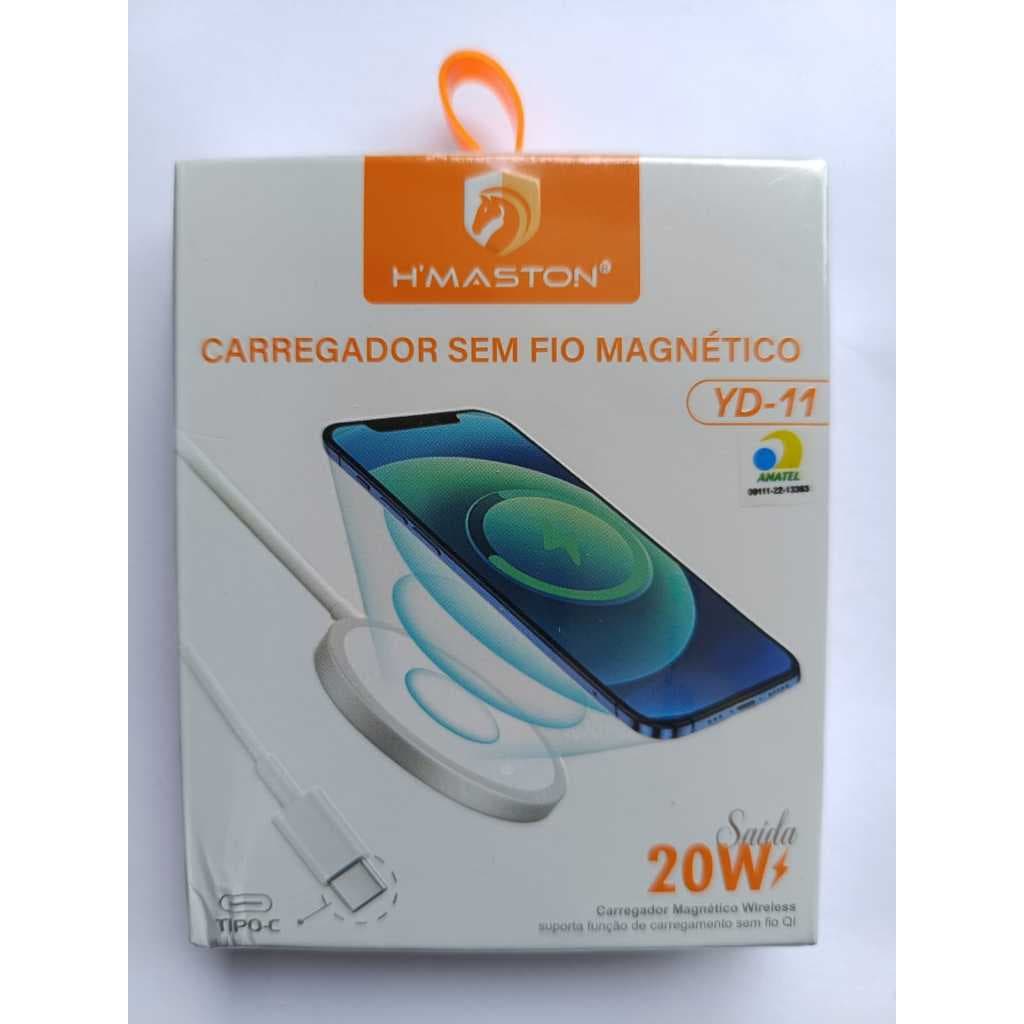 Carregador Sem Fio Magnético H'Maston YD-11 20W Turbo Carga Rápida Wireless Tipo-C Padrão Qi ANATEL Homologado iPhone An
